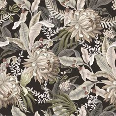 a black and white floral wallpaper with lots of leaves