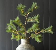 a vase filled with pine branches on top of a wooden table next to a wall