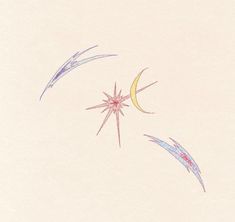 two stars and a crescent drawn in colored pencils on white paper with pink background