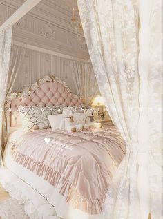 there is a pink bed with white curtains and teddy bears on it