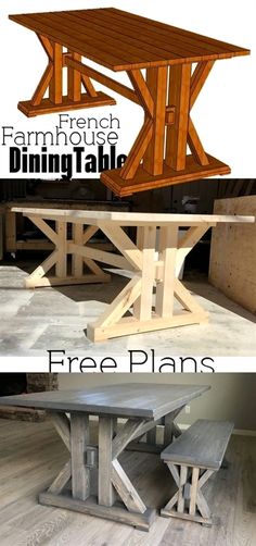 this is an image of a table and bench made out of wooden planks with text overlay that reads french farmhouse dining table free plans