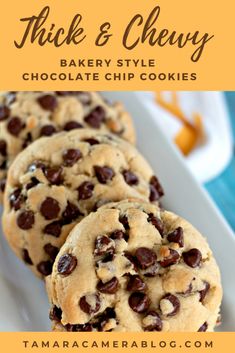 chocolate chip cookies are stacked on top of each other with the words thick and chewy