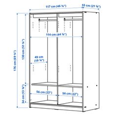 an image of a closet with measurements for the door and shelves on each side,