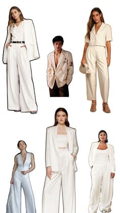 four women in white outfits and one man wearing a suit, all from different angles