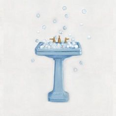 a painting of a blue pedestal sink filled with bubbles