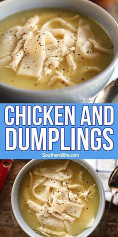 chicken and dumplings soup in a white bowl