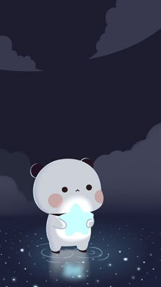 a cute little white bear standing in the water at night holding a blue piece of paper