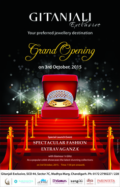 the grand opening flyer for an event with red carpet and gold jewelry on display in front of