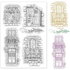 four different types of windows and doors with flowers on the window sill, one is drawn