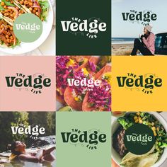 the veggie life logo is shown in four different colors and font styles, along with an image of a woman sitting on a bench