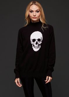 skull knit sweater pullover Cool Closet, Punk Rock Style, Black Velvet Leggings, Black Lace Choker, Oversized Knit Sweater, Skull Sweater, Attitude Clothing, Fur Leather Jacket, Metallic Leggings