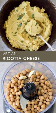 the ingredients to make vegan ricotta cheese in a food processor are shown here