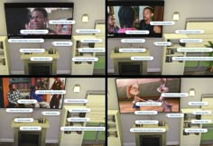 four pictures of people talking to each other in front of a flat screen tv with conversation bubbles