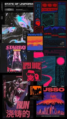 an image of various posters with different colors and designs on them, including the words'state of unicorn '