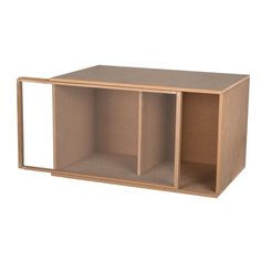 a wooden shelf with three compartments on each side