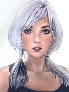 a woman with white hair and blue eyes