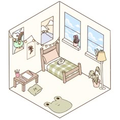 an illustration of a bedroom with a bed and desk in the corner next to two windows