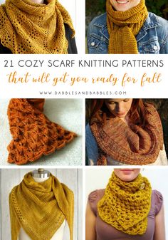 four different knitted scarves with text that reads, 21 cozy scarf knitting patterns that will get you ready for fall