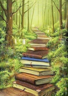 a painting of a path made out of books in the woods with lights on them