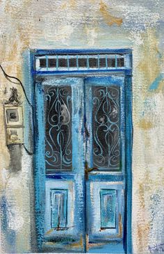 a painting of an open blue door on the side of a building with a light switch