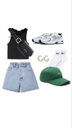 Ball cap, Jean shorts, black top, Prada belt bag, new balance sneakers, silver hoops, and tall socks Cute City Outfits Summer, Lookbook Outfits 2024, Dress With Sneakers Outfit Summer, Summer Casual Travel Outfits, Black Jean Outfits Spring, Cute Summer Walking Outfits, Athleisure Street Style Summer, Summer Outfits City Casual, Walk Outfits Summer