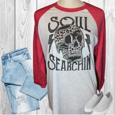 SOUL SEARCHING SKULL Leopard Raglan Style Shirt, Baseball T-Shirt, Women's Tee, Raglan Tee, Custom Tee. Side-seemed, satin label, 1x1 baby rib-knit set in collar, fabric laundered for reduced shrinkage by distributor, 4.3oz.  50%Polyester 25% Ring Spun Cotton 25% Rayon Jersey.  Due to this only being 50% polyester the image has a more vintage look on this shirt it is not at it's brightest it will have a slightly faded look. Want to see all of my other Raglan Style Shirts click the link here: htt Custom Tee, Soul Searching, Sublimation Process, Raglan Tee, Custom Tees, Color Calibration, Style Shirt, Knit Set, Baseball T Shirt