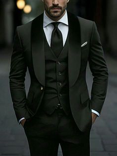 Black Groomsmen Attire, 3 Piece Suit Men Wedding, Black Tie Men, Men's Poses, James Bond Suit, Men Suit Wedding, Groom Suit Black, Groom Tuxedo Wedding