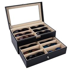 AUTOARK Leather 12 Piece Eyeglasses Storage and Sunglass Glasses Display Drawer Lockable Case Organizer,Black,AW-023 Product Dimensions (L x W x H): 13.4" x 7.6" x 6" (34 x 19 x 15 cm) Metal Lock,Black High Grade PU Leather surface,Two levels,12 separate compartments to keep your sunglasses and glasses organized Clear glass top gives you a open view and you can find your favorite treasure in seconds with this unique glasses and jewelry box.Perfect for home and business use, and a wonderful gift idea Suits for storing glasses,jewelry,cuff links,spare links,rings,earrings,necklaces,etc Each of our products is elaborately designed and manufactured,We have a strict quality control system to ensure a stable quality.If you are not satisfied with our products,Please contact us and we will try our Eyeglasses Display, Spectacles Women, Glasses Display, Eyewear Display, Sunglasses Organizer, Unique Glasses, Sunglasses Storage, Room Smells, Linking Rings