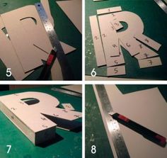 four pictures showing how to cut out the letters