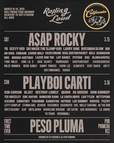 an advertisement for the rock band asap rocky, featuring various names and numbers