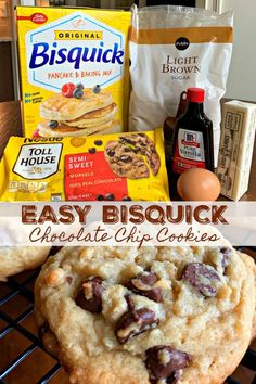 chocolate chip cookies, eggs, milk and other ingredients on a cooling rack with the words easy biscuit chocolate chip cookies