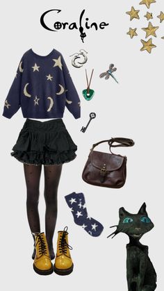 Cat From Coraline Costume, Coraline Outfit Halloween, Coraline Fit Ideas, Cute Coraline Costume, Coraline Group Costume, Coraline Jones Costume, Indie Costumes