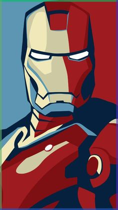 an iron man poster is shown in red, white and blue