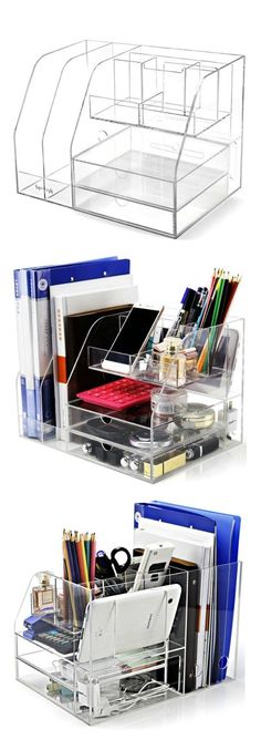 three different types of office supplies in clear plastic boxes with dividers on each side