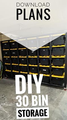 the diy 30 bin storage system is shown with text overlaying it