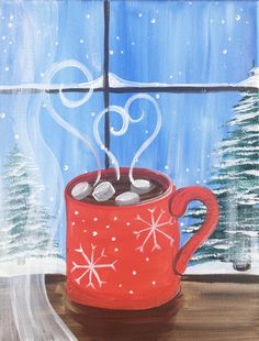 a painting of a red coffee mug with hot chocolate in it on a window sill