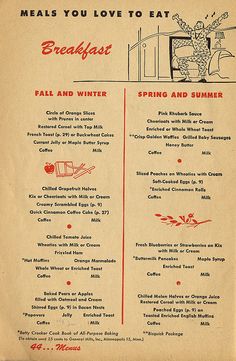 the menu for breakfast is shown in red