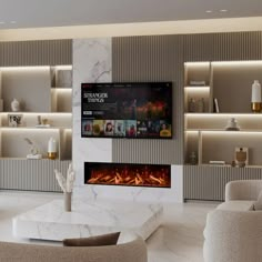 a living room filled with furniture and a flat screen tv mounted on the wall above a fireplace