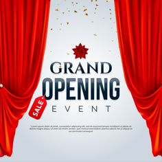 a grand opening event with red curtains and gold confetti falling from the top