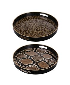 two black and brown trays with leopard print designs on the bottom one is round