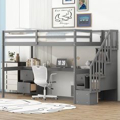 a loft bed with stairs and desk underneath