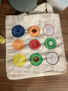 Painted tote bag/ DIY tote bag/ Painted fruit tote bag Painting Canvas Bags Ideas, Tote Bag Painting Ideas Summer, Fruit Tote Bag, Tote Bag Diy Paint, Tote Bag Design Paint, Tote Bag Drawing, Tote Painting Ideas, Tote Bag Inspo Paint