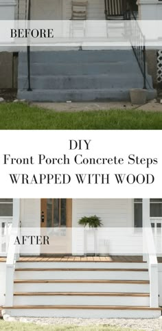 front porch concrete steps with wood before and after being painted white in the fall or winter