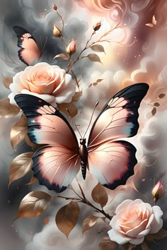 a painting of roses and a butterfly on a gray background