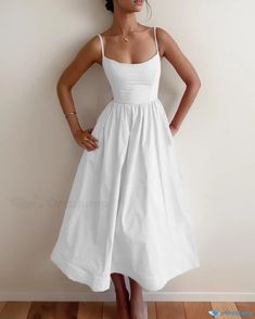 OrcaJump - Elegant Deep V-neck Pleated Swing Dress with Accentuated Gathered Waist, in Solid Color White Wedding Sundress, Fancy Summer Dresses, Elegant Sundress, Vietnam Tailor, Simple White Dresses, Fancy Summer Dress, Wedding Sundress, Sundress White, Europe 2024