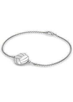 a silver bracelet with a volleyball ball on the clasp and a chain that is attached to it