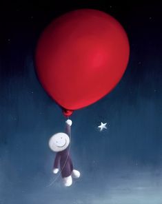 a painting of a person floating in the air with a red balloon