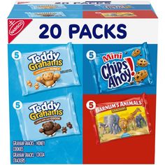 This Nabisco Fun Shapes Variety Pack includes Barnum's Animal Crackers, mini CHIPS AHOY! cookies and Teddy Grahams graham snacks in both honey and chocolate for easy, grab-and-go nibbling. These snack packs have all the classic snack flavors, perfect for a simple treat or afternoon munchies. Barnum’s Animal Crackers provide satisfying sweetness, and CHIPS AHOY! mini chocolate chip cookies deliver the same great flavor in a bite-size snack. Two flavors of Teddy Grahams give you the classic taste Nabisco Cookies, Chips Ahoy Cookies, Mini Chocolate Chip Cookies, Teddy Grahams, Bite Size Snacks, Mini Chips, Honey Cookies, Nutter Butter Cookies, Chips Ahoy