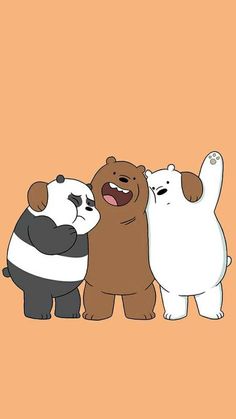 three cartoon bears standing next to each other with one bear holding the other's head