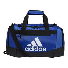 "From the gym to a weekend getaway, this adidas Defender IV Small duffel bag is perfect for carrying your essentials. From the gym to a weekend getaway, this adidas Defender IV Small duffel bag is perfect for carrying your essentials. Water-resistant Durable material built to stand up to wear and tear Extra roomy main compartment that stands tall for easy packing 2 zippered end pockets with space for your team's branding and a zippered outside pocket to stash the little stuff Padded removable sh Gym Uniform, Small Duffle Bag, My Christmas Wishlist, Easy Packing, Wet Clothes, Team Blue, St Andrews, Athletic Sports, Blue Adidas